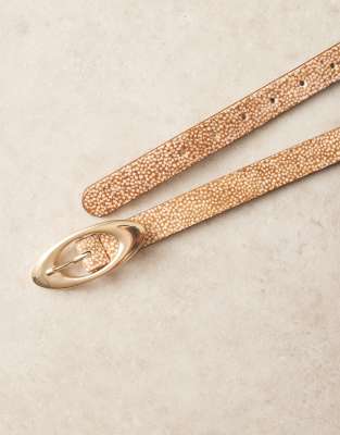 Asos Design Leather Faux Pony Hair Waist And Hip Belt With Oval Buckle In Brown