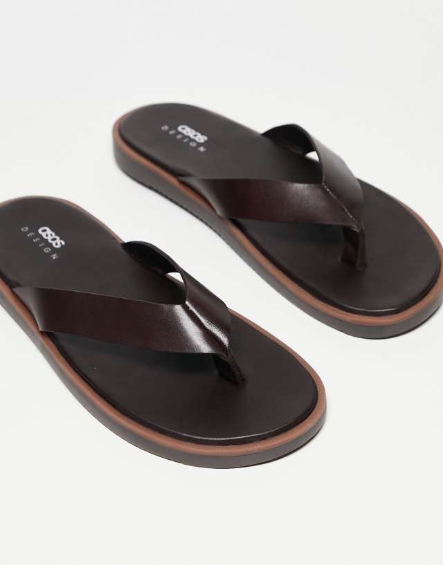 ASOS DESIGN leather flip flops in brown