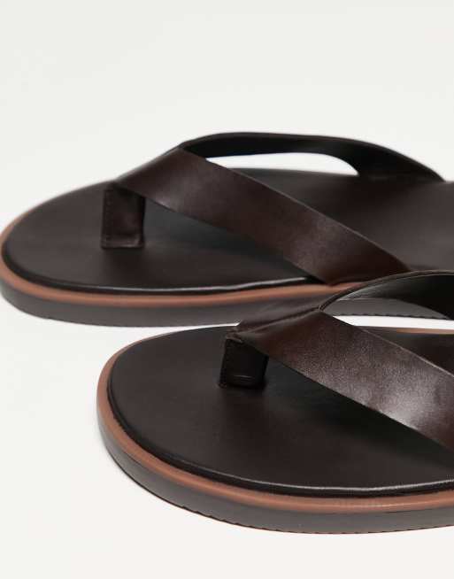 ASOS DESIGN leather flip flops in brown