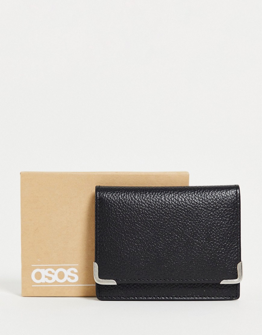 ASOS DESIGN leather foldover card holder with metal edges in black