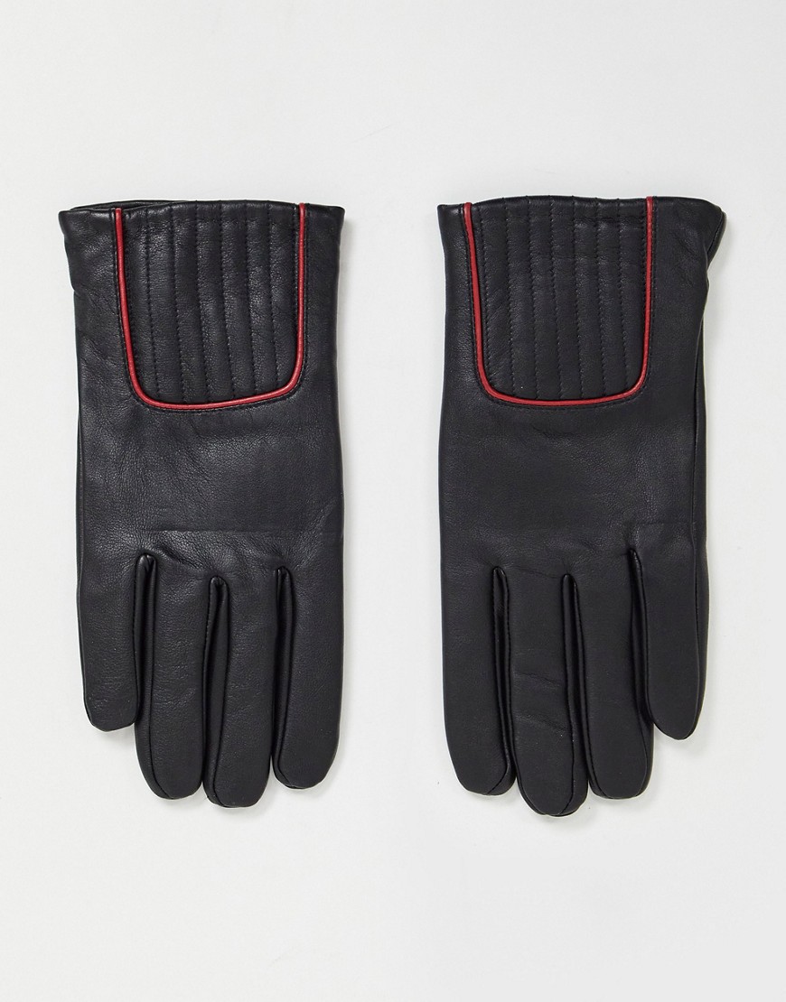 ASOS DESIGN leather gloves in black with red piping detail