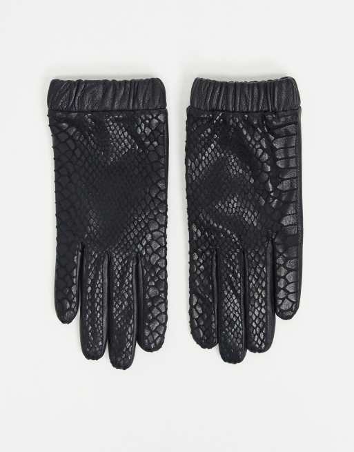 ASOS DESIGN leather gloves in shiny snake print with ruched cuff in black