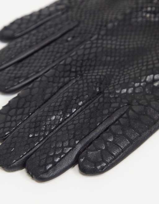ASOS DESIGN leather gloves in shiny snake print with ruched cuff in black, 4 of 4