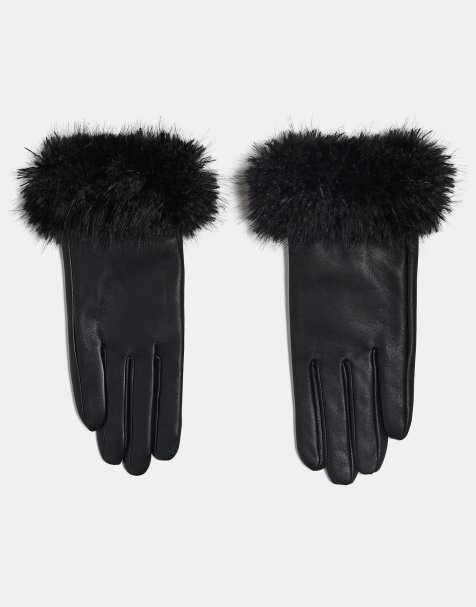 ASOS DESIGN leather gloves with faux mongolian fur trim in black - view 1