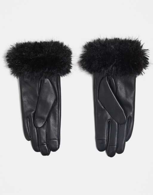 ASOS DESIGN leather gloves with faux mongolian fur trim in black, 3 of 3