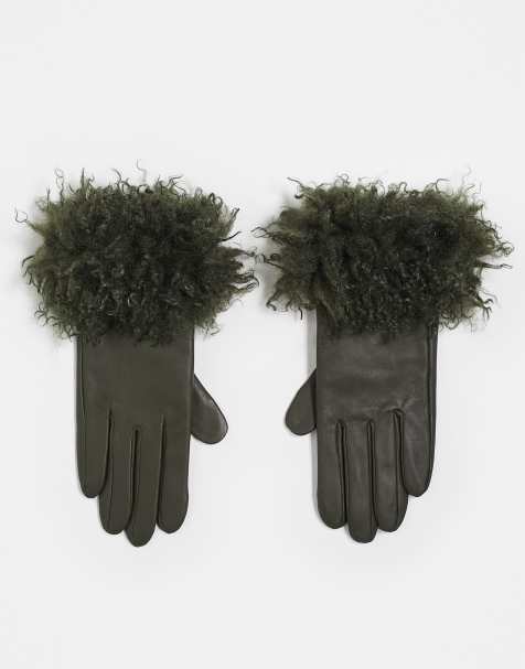 ASOS DESIGN leather gloves with faux Mongolian fur trim in green - view 1