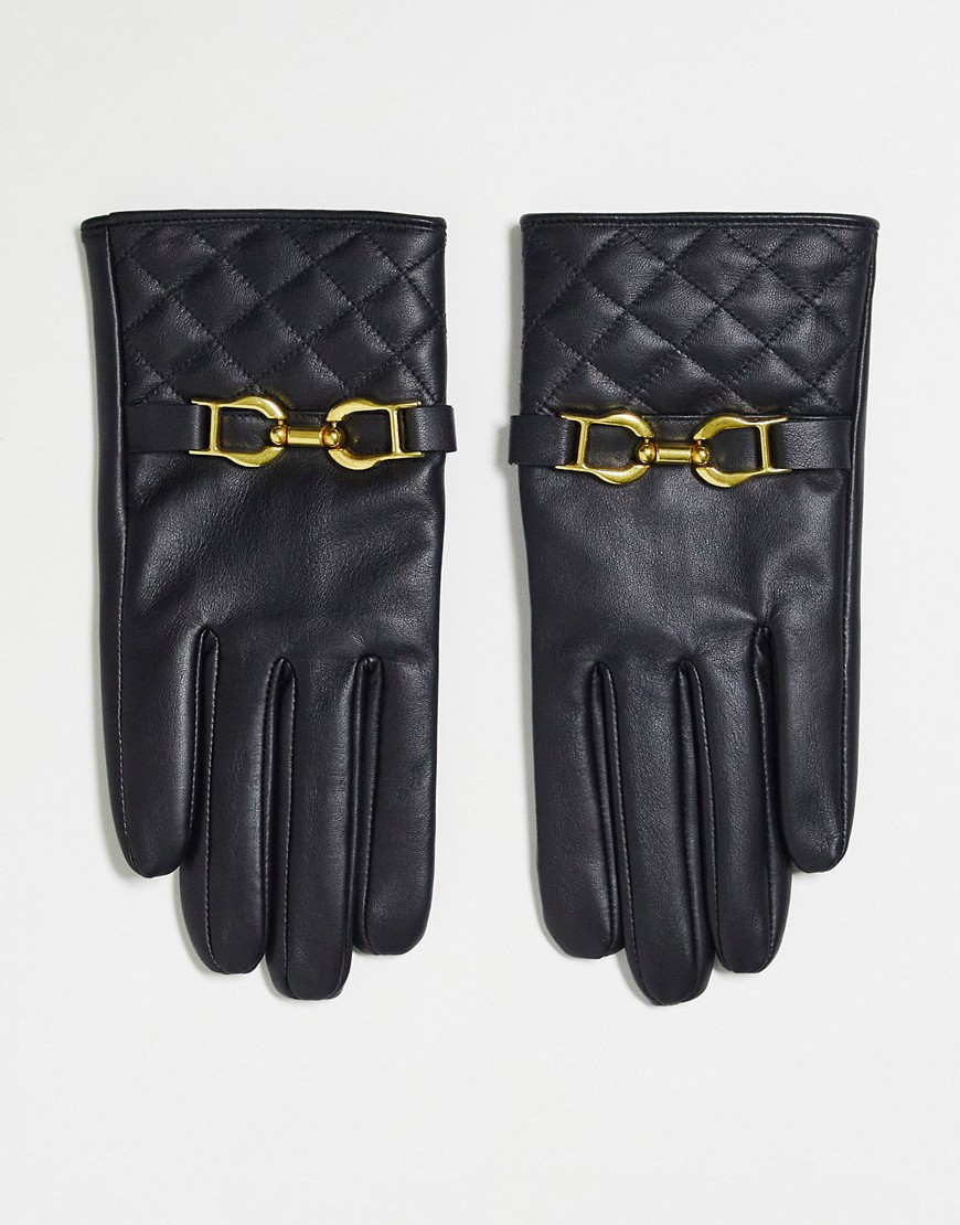 ASOS DESIGN leather gloves with gold hardware in black