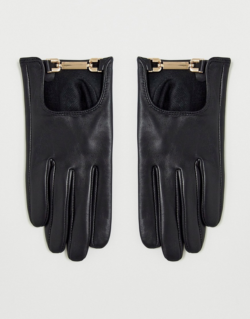 ASOS DESIGN leather gloves with gold snaffle hardware with touch screen in black