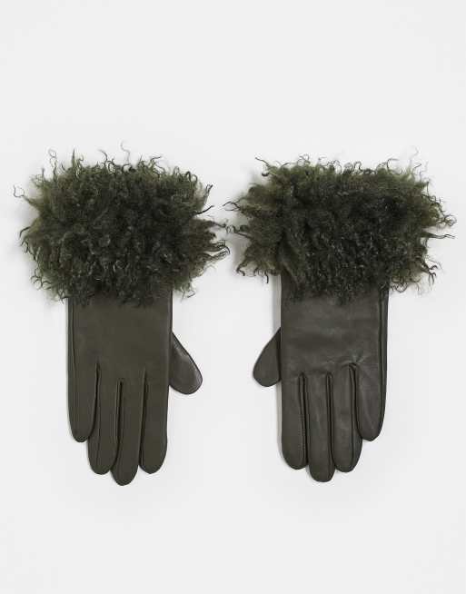 ASOS DESIGN leather gloves with Mongolian faux fur trim in green