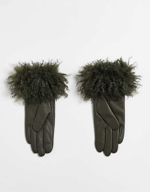 ASOS DESIGN leather gloves with Mongolian faux fur trim in green, 3 of 3