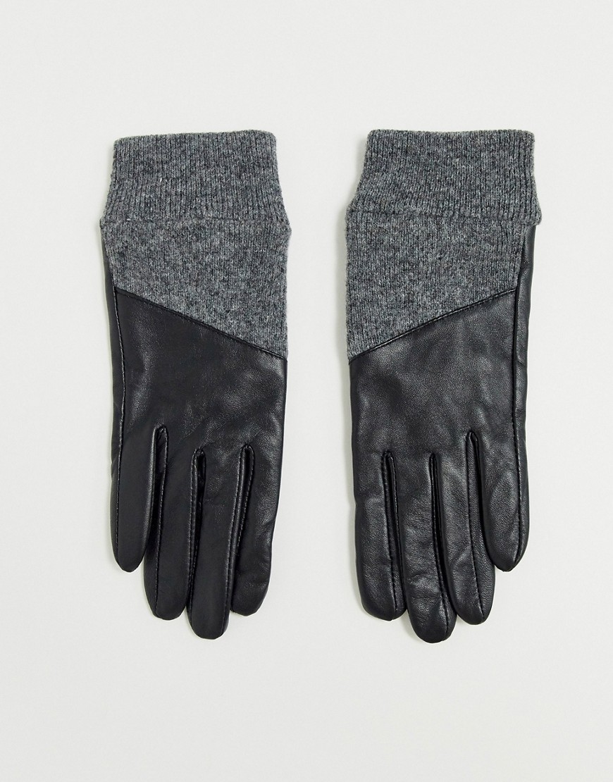 ASOS DESIGN leather gloves with rib cuffs and touch screen in black and grey