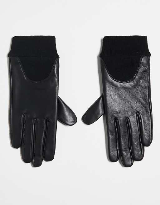 ASOS DESIGN leather gloves with ribbed cuff in black