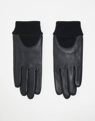 leather gloves with ribbed cuff in black