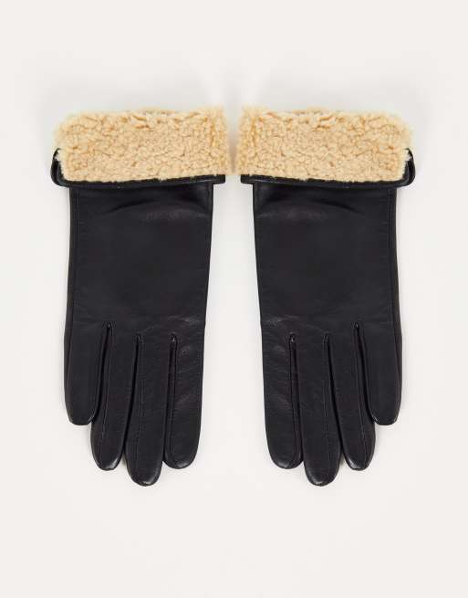 ASOS DESIGN leather gloves with touch screen and borg trim