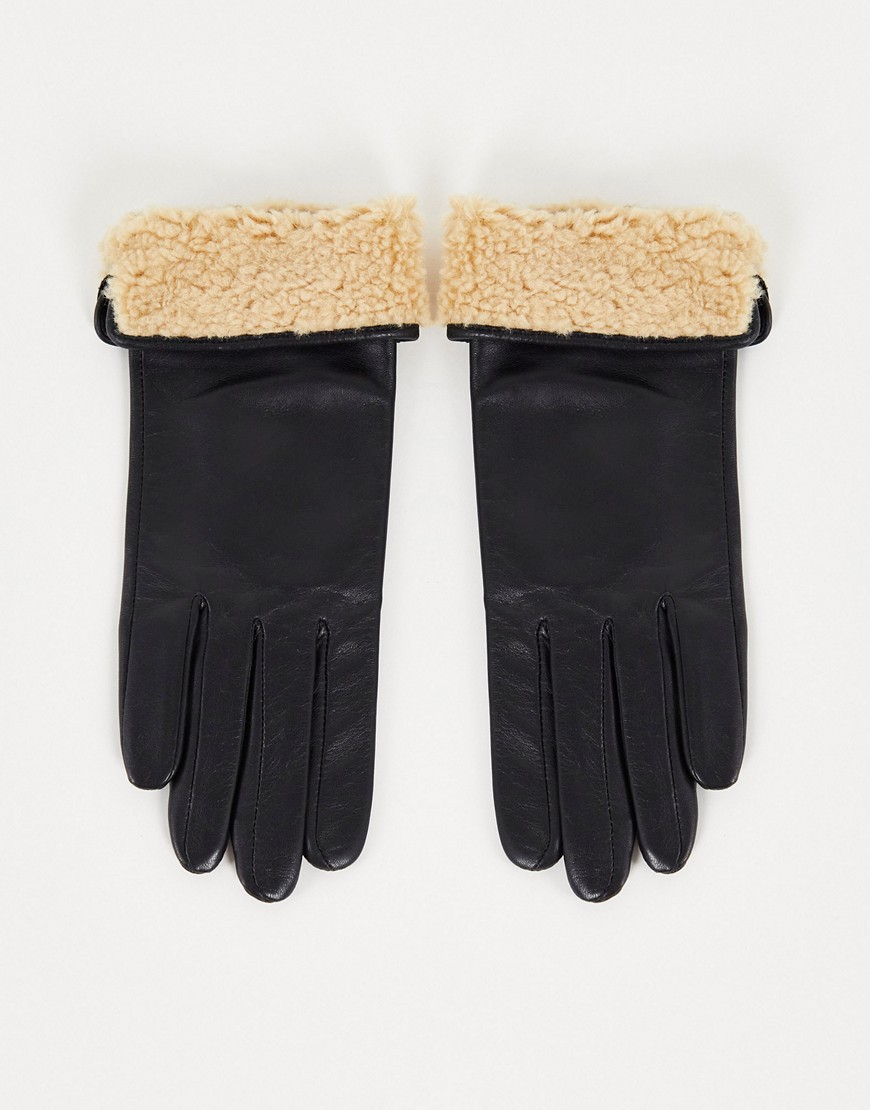 ASOS DESIGN leather gloves with touch screen and borg turnover trim-Black