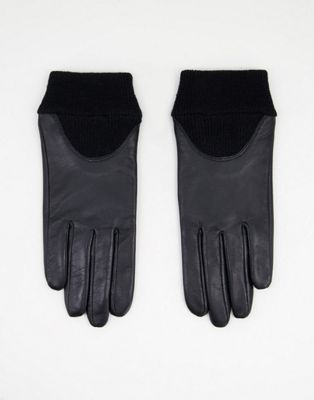 ASOS DESIGN leather gloves with touch screen and rib cuff in black