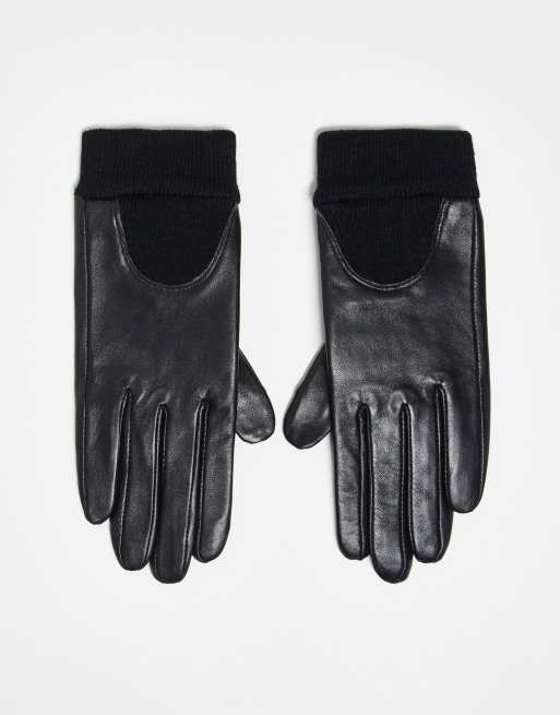 ASOS DESIGN leather gloves with touch screen and rib cuff in black