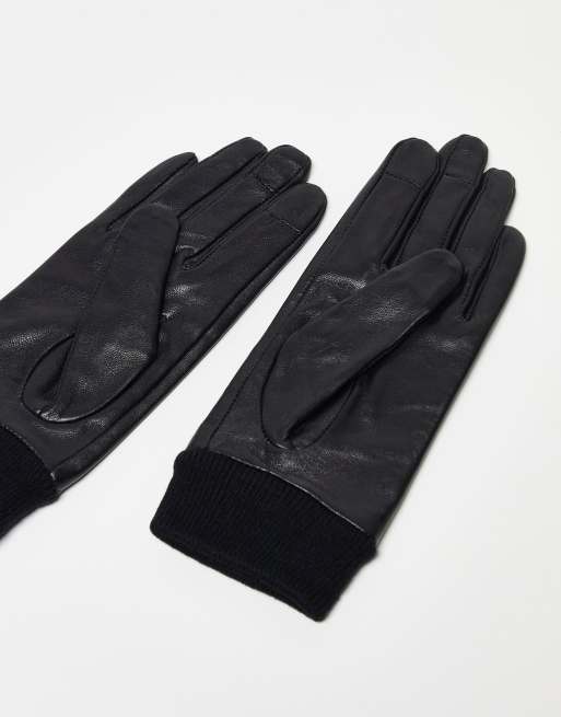 ASOS DESIGN leather gloves with touch screen and ribbed cuff in black, 3 of 4