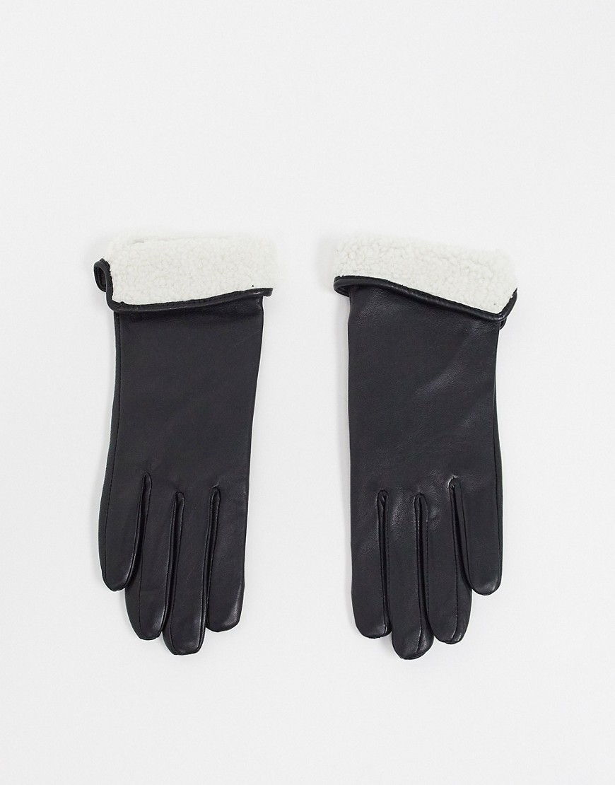 ASOS DESIGN leather gloves with touch screen and shearling turnover trim-Black