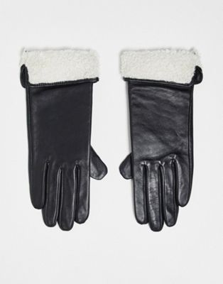 ASOS DESIGN leather gloves with touch screen with borg cuff in black - ASOS Price Checker