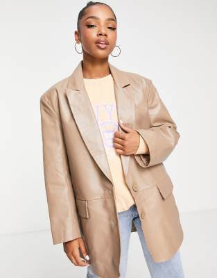 ASOS DESIGN leather grandad blazer jacket in camel-Neutral