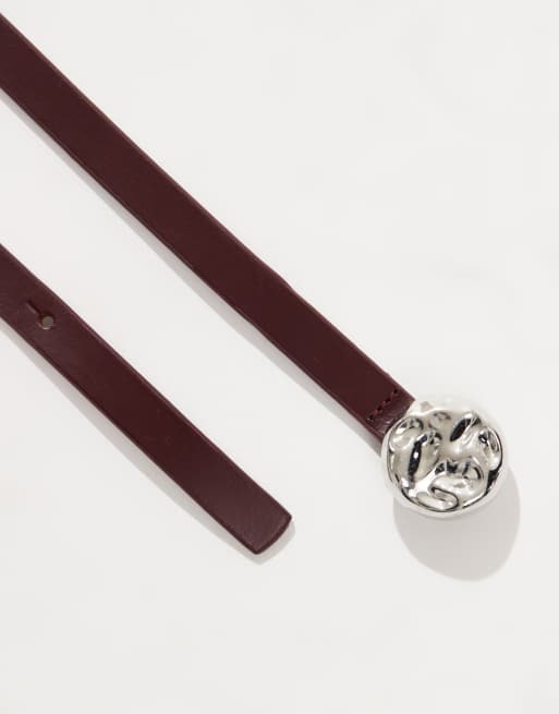 ASOS DESIGN leather hammered disc waist and hip belt in burgundy, 3 of 3