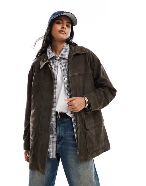 ASOS DESIGN leather harrington barn jacket in dark olive