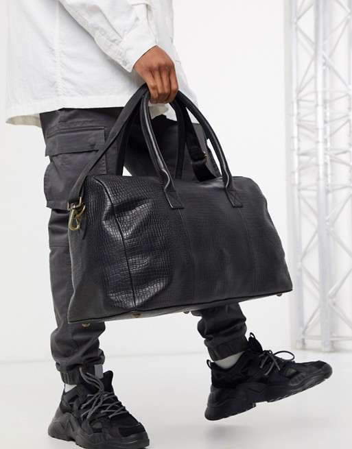 ASOS DESIGN leather holdall bag in black with croc effect