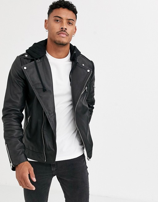 ASOS DESIGN leather jacket in black with jersey hood