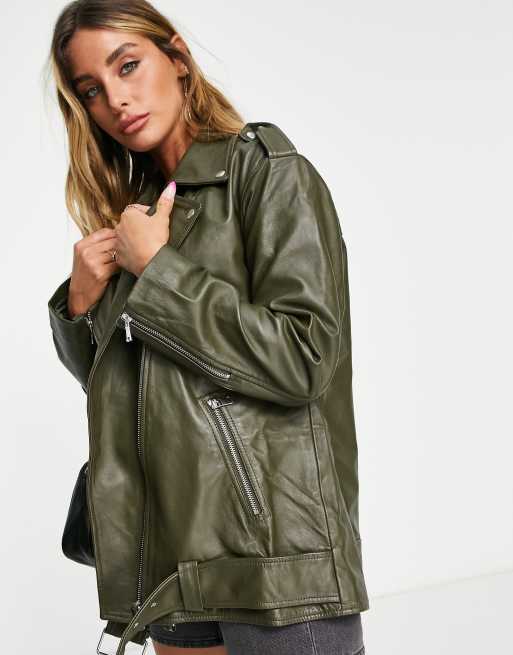 ASOS DESIGN leather jacket in khaki