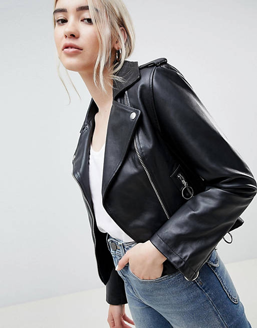 ASOS DESIGN leather jacket with ring pull details