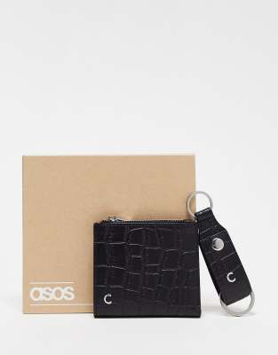 ASOS DESIGN ASOS DESIGN leather keyring and wallet set with C initial-Black