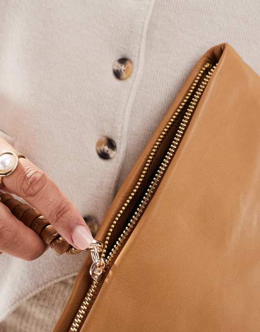 ASOS DESIGN leather large puffy zip top clutch in beige, 3 of 4