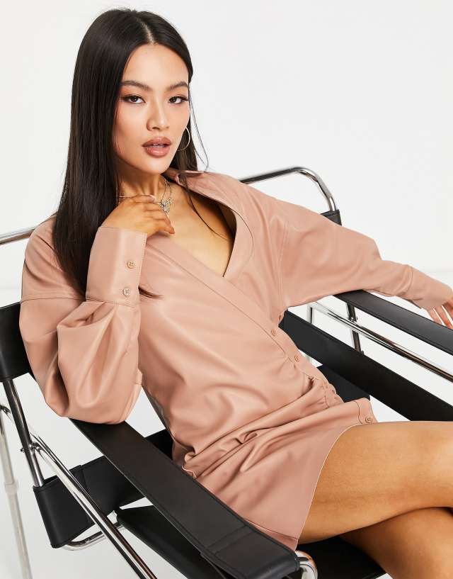 ASOS DESIGN leather look asymmetric wrap mini dress in camel