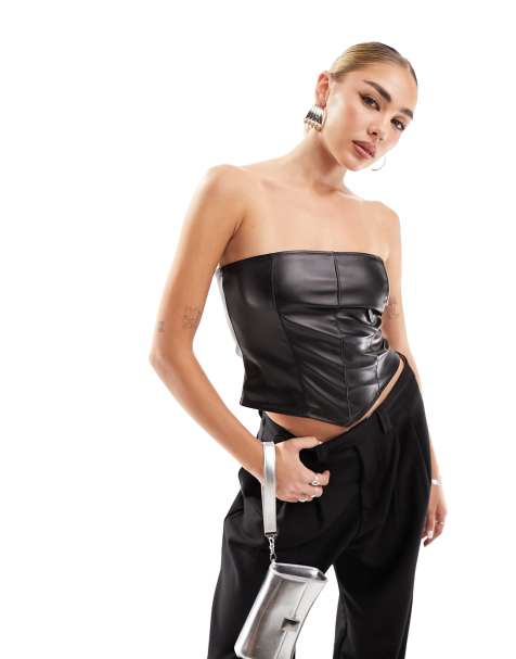 ASOS DESIGN leather look asymmetrical hemline bandeau top in black