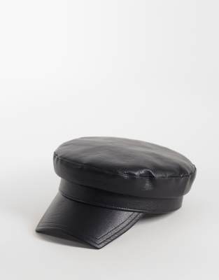 Asos Design Leather Look Baker Boy Hat In Black
