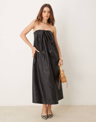 ASOS DESIGN leather look bandeau trapeze midi dress in black