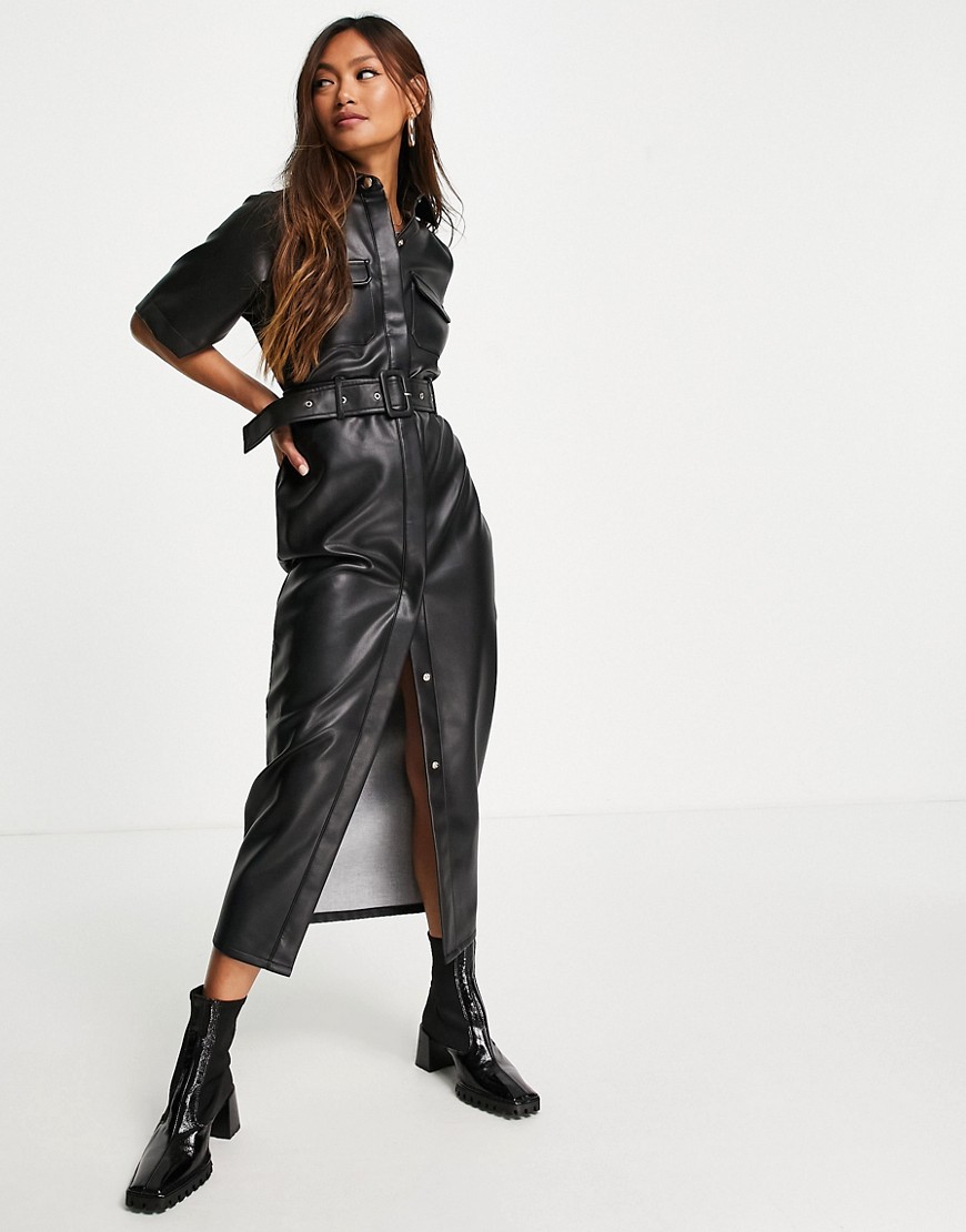 ASOS DESIGN leather look belted midi shirt dress in black