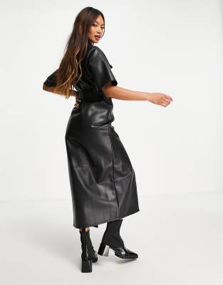 black leather look midi dress