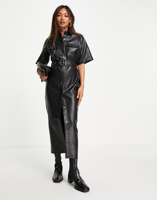 ASOS DESIGN leather look belted midi shirt dress in black