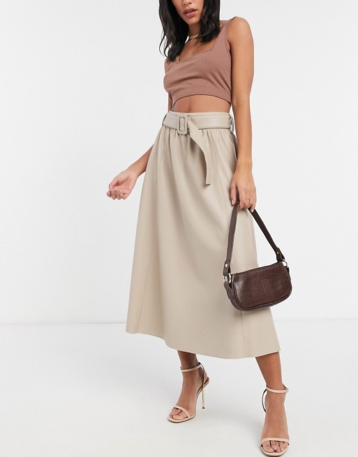 ASOS DESIGN leather look belted midi skirt in beige