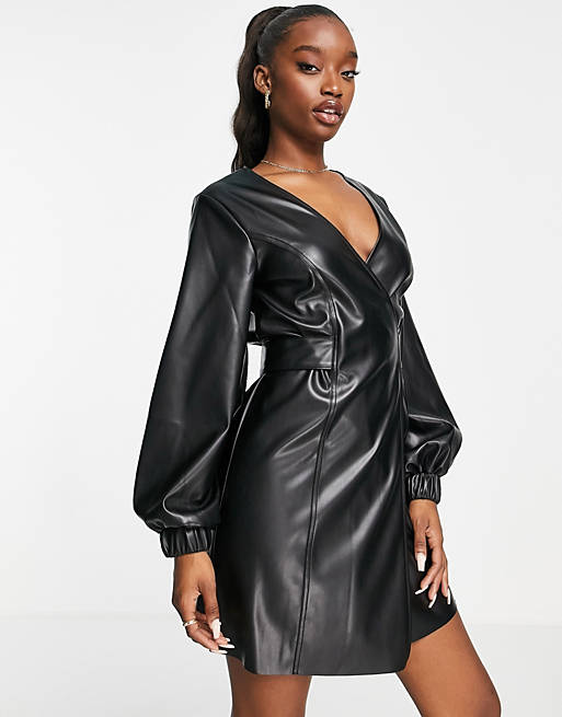 ASOS DESIGN leather look belted mini wrap dress in black