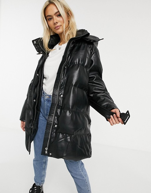 ASOS DESIGN leather look belted puffer jacket in black