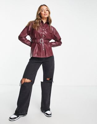 ASOS DESIGN faux leather belted shirt in berry