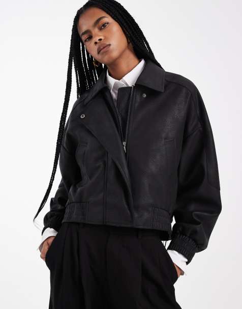 ASOS DESIGN leather look biker bomber jacket in black