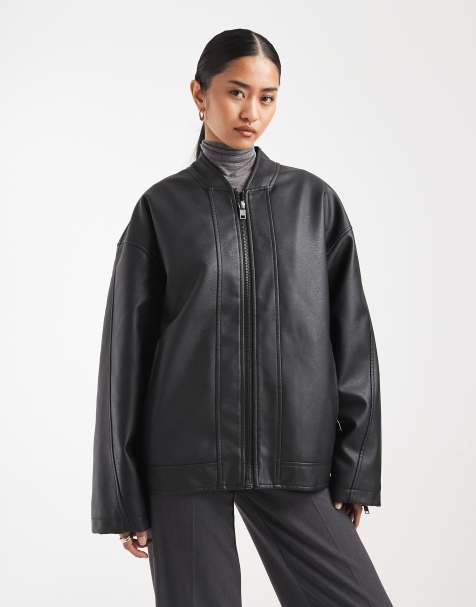 ASOS DESIGN leather look biker jacket with quilt liner in black