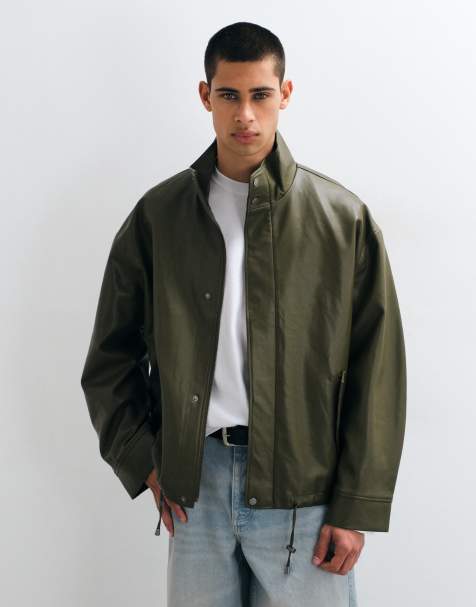 ASOS DESIGN leather look bomber jacket in green - view 1