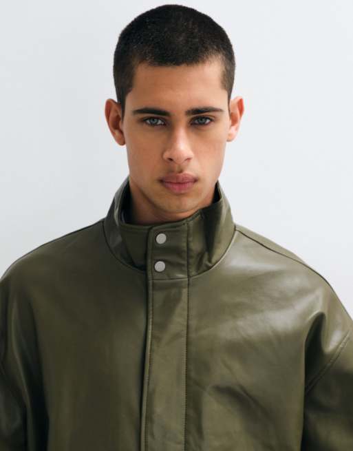 ASOS DESIGN leather look bomber jacket in green, 2 of 5
