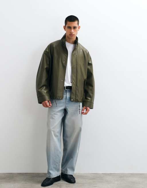 ASOS DESIGN leather look bomber jacket in green, 3 of 5