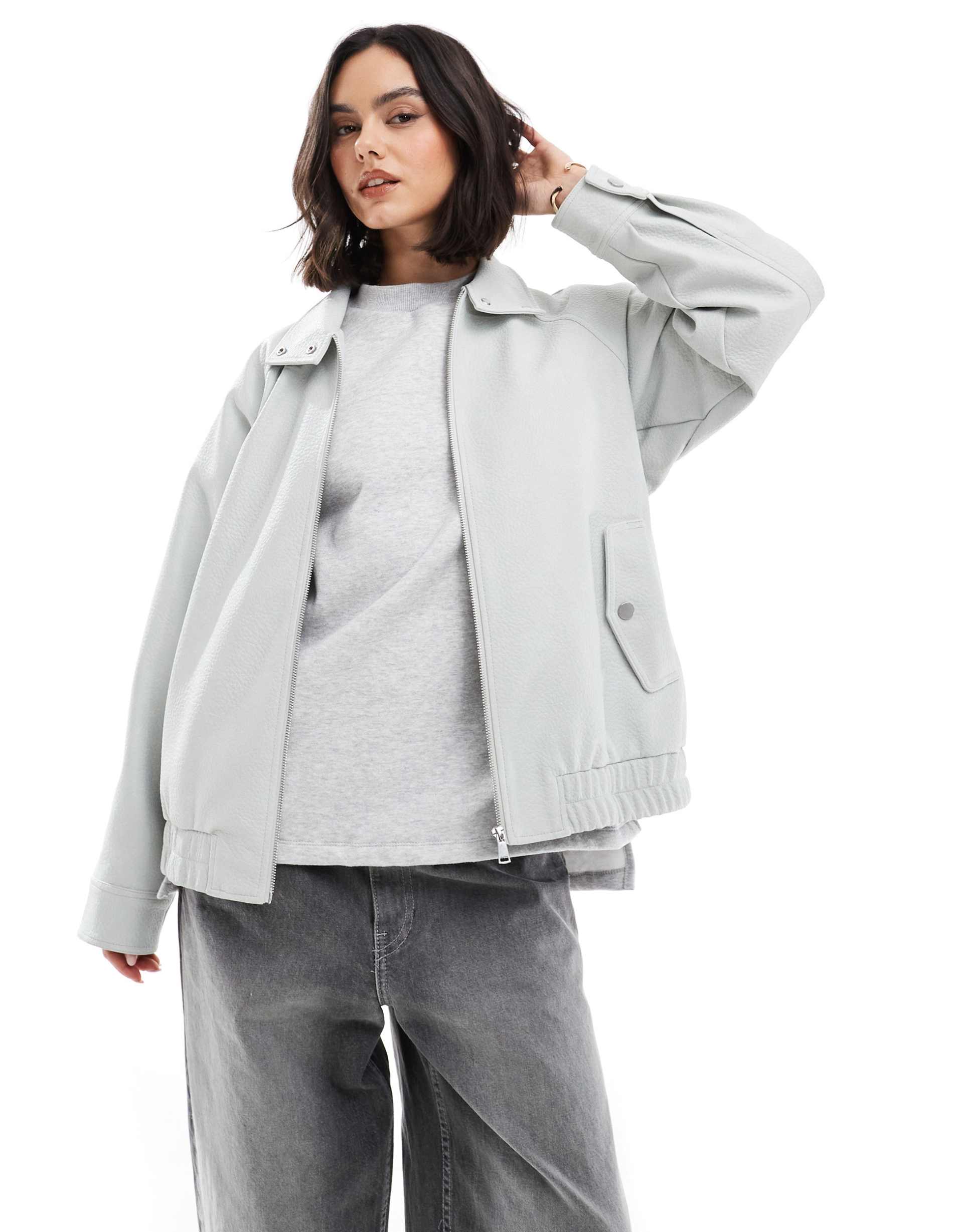 asos design leather look bomber jacket in sage